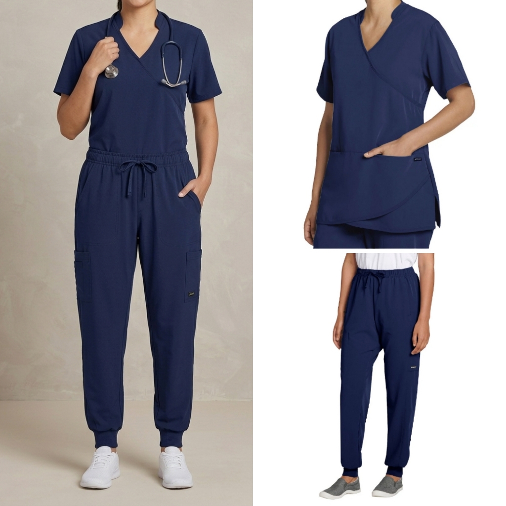 Jockey Performance Tech Scrub Set Navy Petal Wrap Top & Cargo Joggers Xs